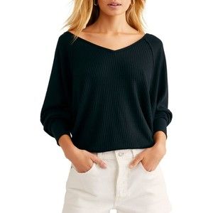 Free People NWT Santa Clara Thermal We the Free Long Sleeve V Neck Black Sm New